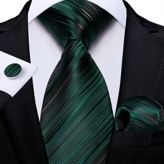 silk mens striped green black tie handkerchief cufflinks set for office shirt