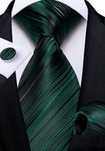silk mens striped green black tie handkerchief cufflinks set for office shirt