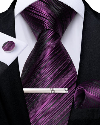 Luxury Purple Stripe Men's Tie Handkerchief Cufflinks Clip Set