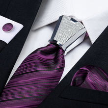 4PCS Dark Purple Stripe Men's Tie Handkerchief Cufflinks Accessory Set