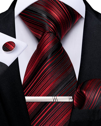 Luxury Black Red Stripe Men's Tie Handkerchief Cufflinks Clip Set