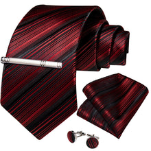 Luxury Black Red Stripe Men's Tie Handkerchief Cufflinks Clip Set