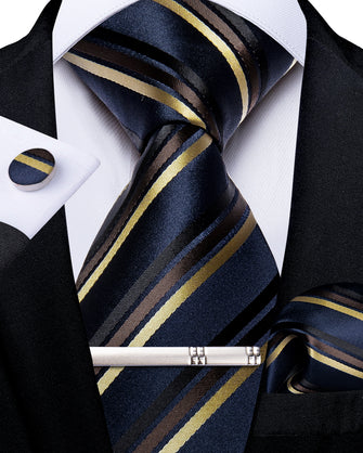 Luxury Blue Gold Stripe Men's Tie Handkerchief Cufflinks Clip Set