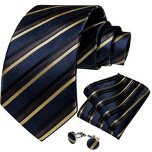Luxury Blue Gold Stripe Men's Tie Pocket Square Cufflinks Set