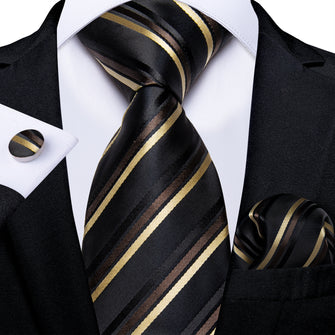 Classy Black Gold Stripe Men's Tie Pocket Square Cufflinks Set