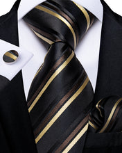 Classy Black Gold Stripe Men's Tie Pocket Square Cufflinks Set