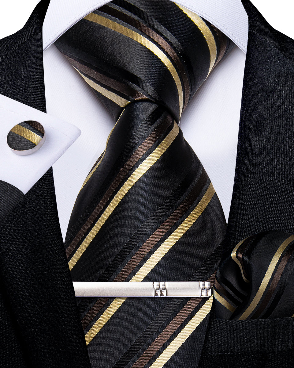 Classy Black Yellow Floral Men's Tie Pocket Square Cufflinks Clip Set