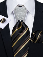 4PC Black Yellow Golden Stripe Men's Tie Handkerchief Cufflinks Accessory Set