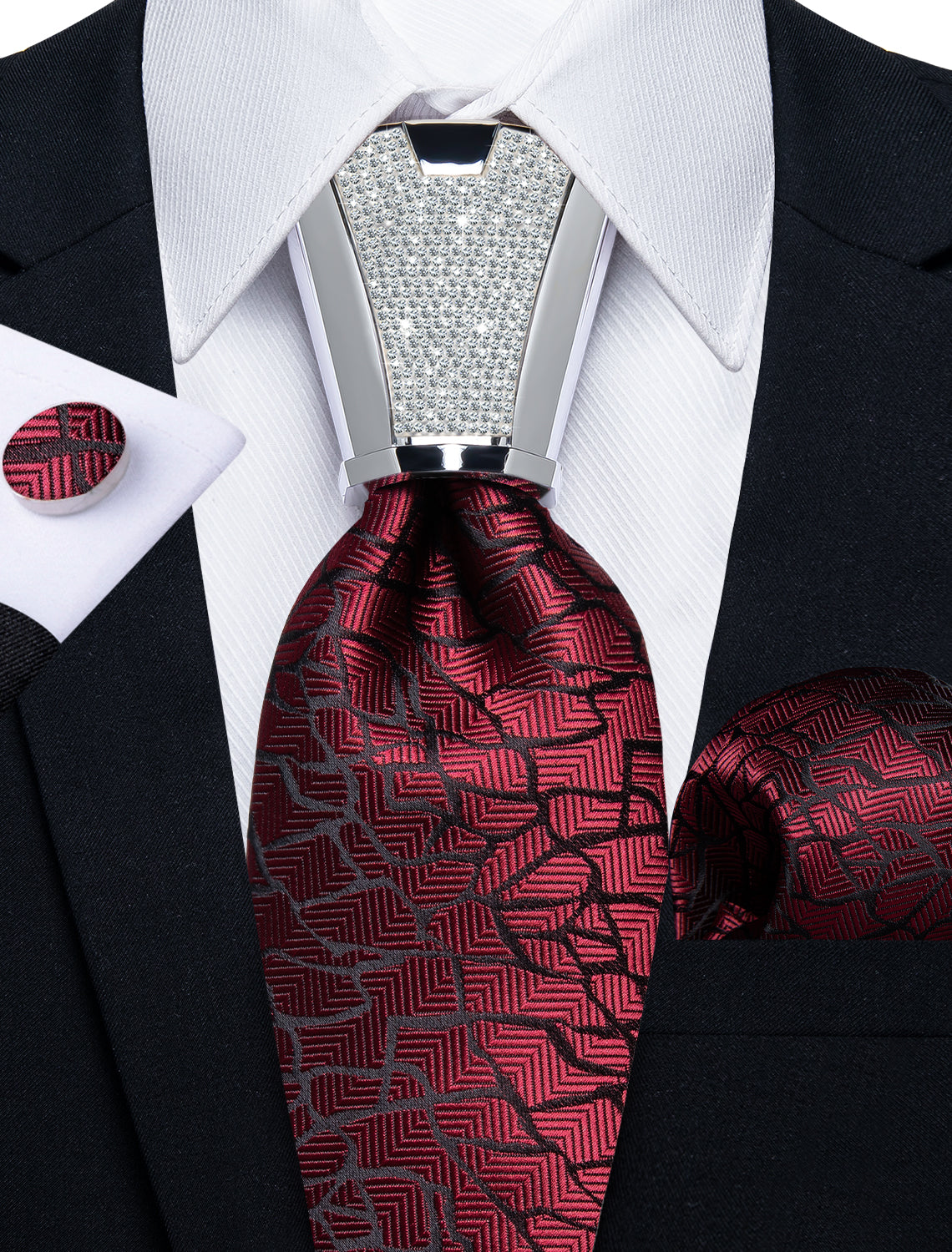 4PC Claret Black Stripe Men's Tie Handkerchief Cufflinks Accessory Set