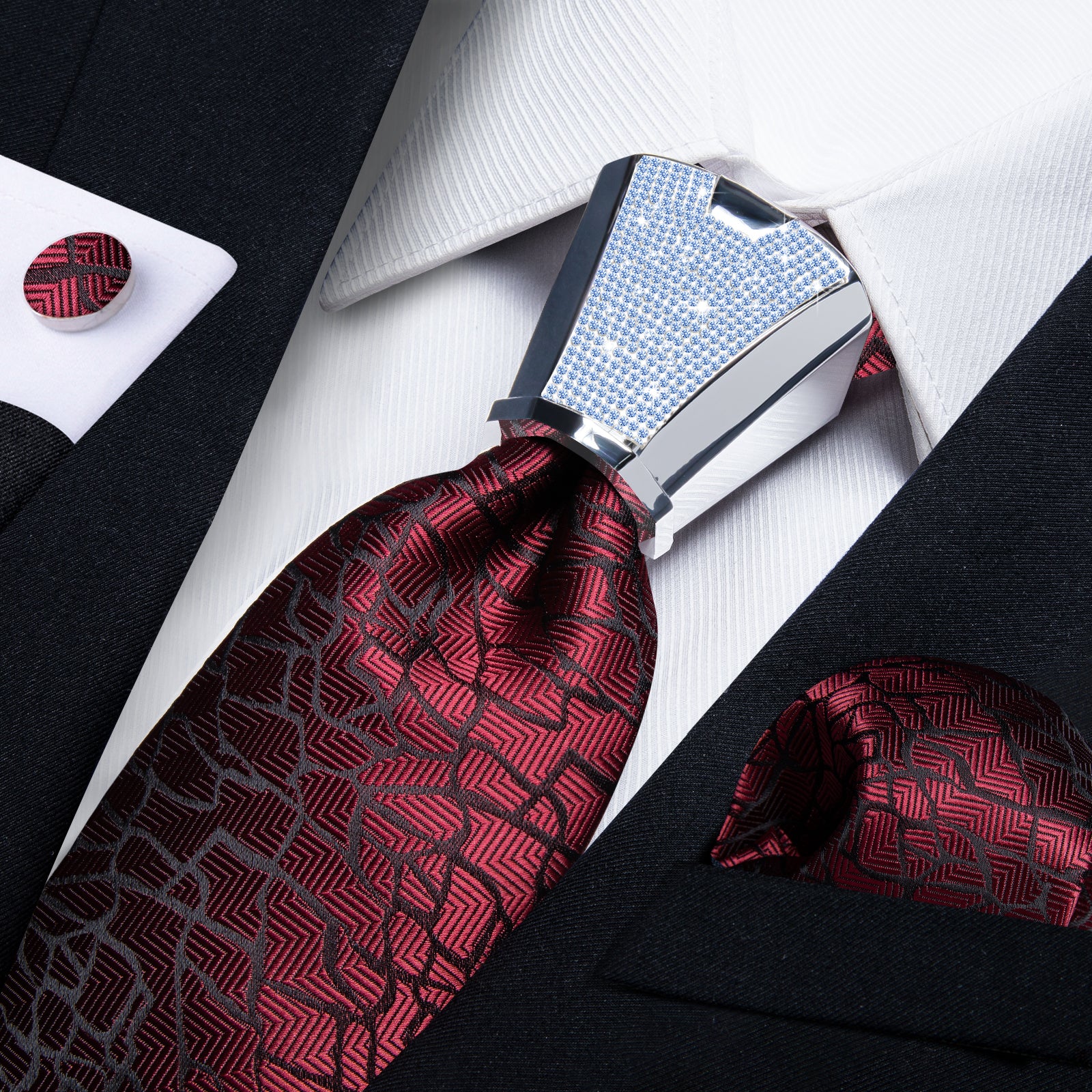 4PC Claret Black Stripe Men's Tie Handkerchief Cufflinks Accessory Set