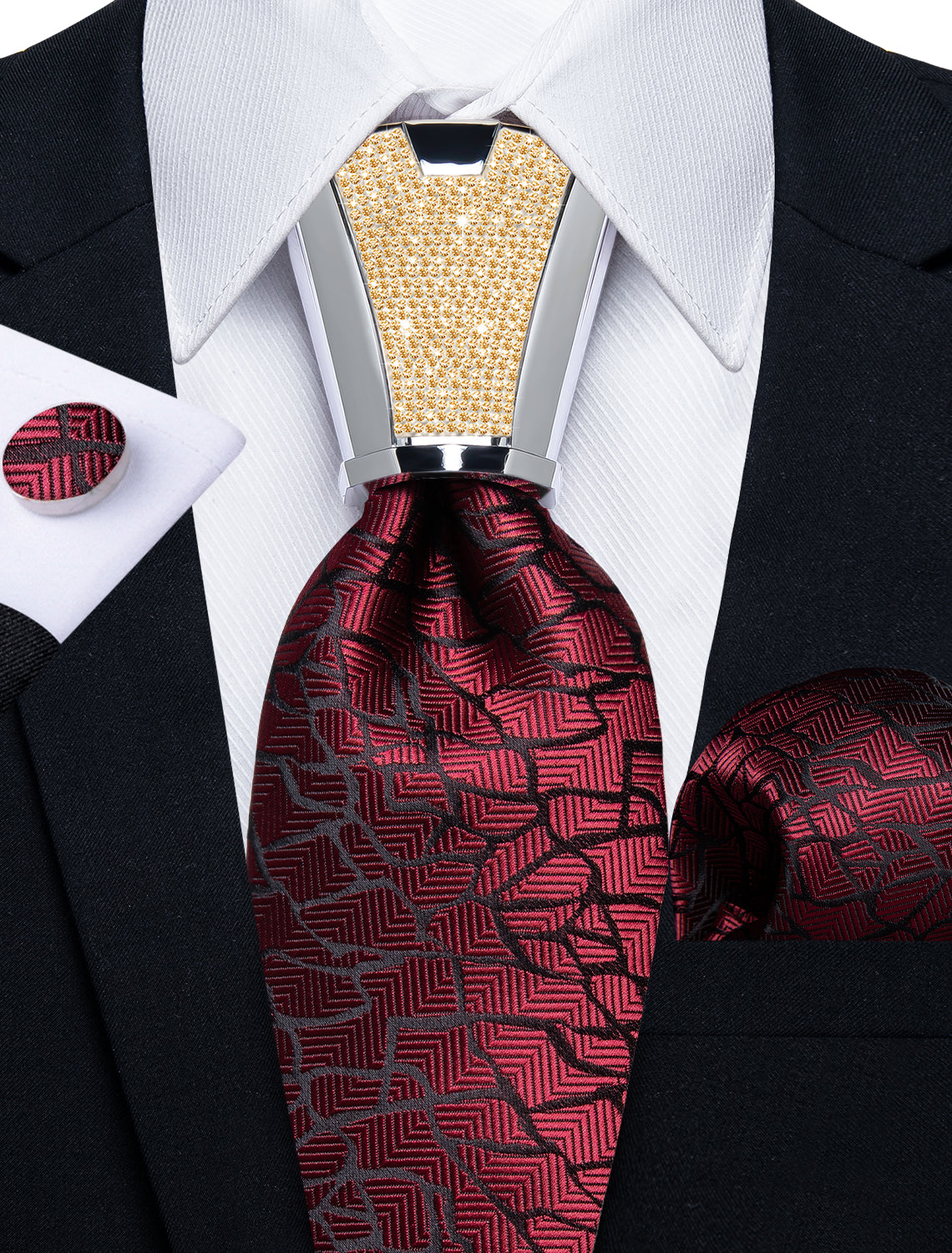 4PC Claret Black Stripe Men's Tie Handkerchief Cufflinks Accessory Set