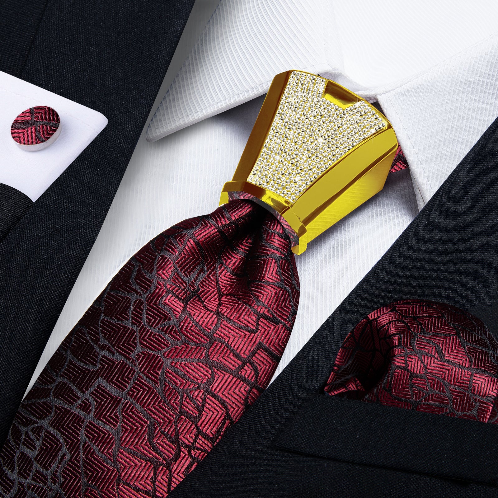 4PC Claret Black Stripe Men's Tie Handkerchief Cufflinks Accessory Set