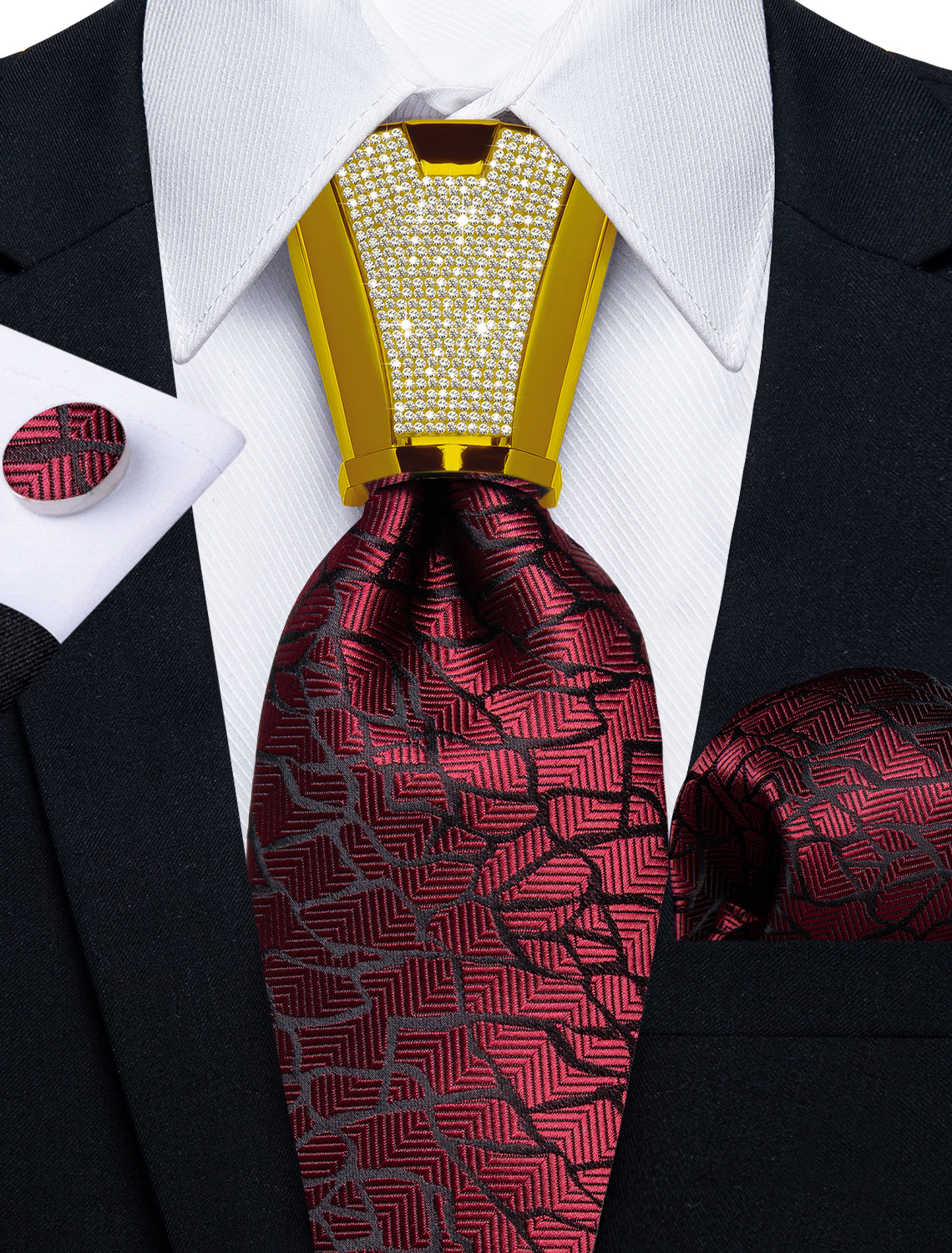 4PC Claret Black Stripe Men's Tie Handkerchief Cufflinks Accessory Set