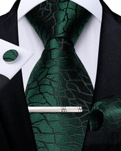 Luxury Green Black Solid Stripe Men's Tie Handkerchief Cufflinks Clip Set