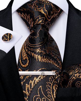 Luxury Black Gold Floral Men's Tie Handkerchief Cufflinks Clip Set