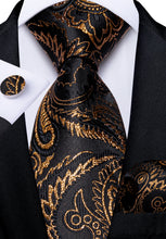 Luxury Black Gold Floral Men's Tie Pocket Square Cufflinks Set