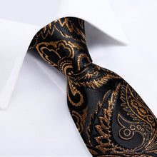 Luxury Black Gold Floral Men's Tie Handkerchief Cufflinks Clip Set