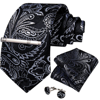 Classy Black Silver Floral Men's Tie Pocket Square Cufflinks Clip Set