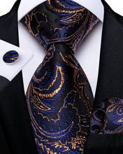 Classy Blue Gold Floral Men's Tie Pocket Square Cufflinks Set