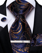 Classy Blue Gold Floral Men's Tie Pocket Square Cufflinks Clip Set