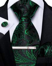 Classy Black Green Gold Floral Men's Tie Pocket Square Cufflinks Clip Set