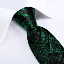 Classy Black Green Gold Floral Men's Tie Pocket Square Cufflinks Clip Set