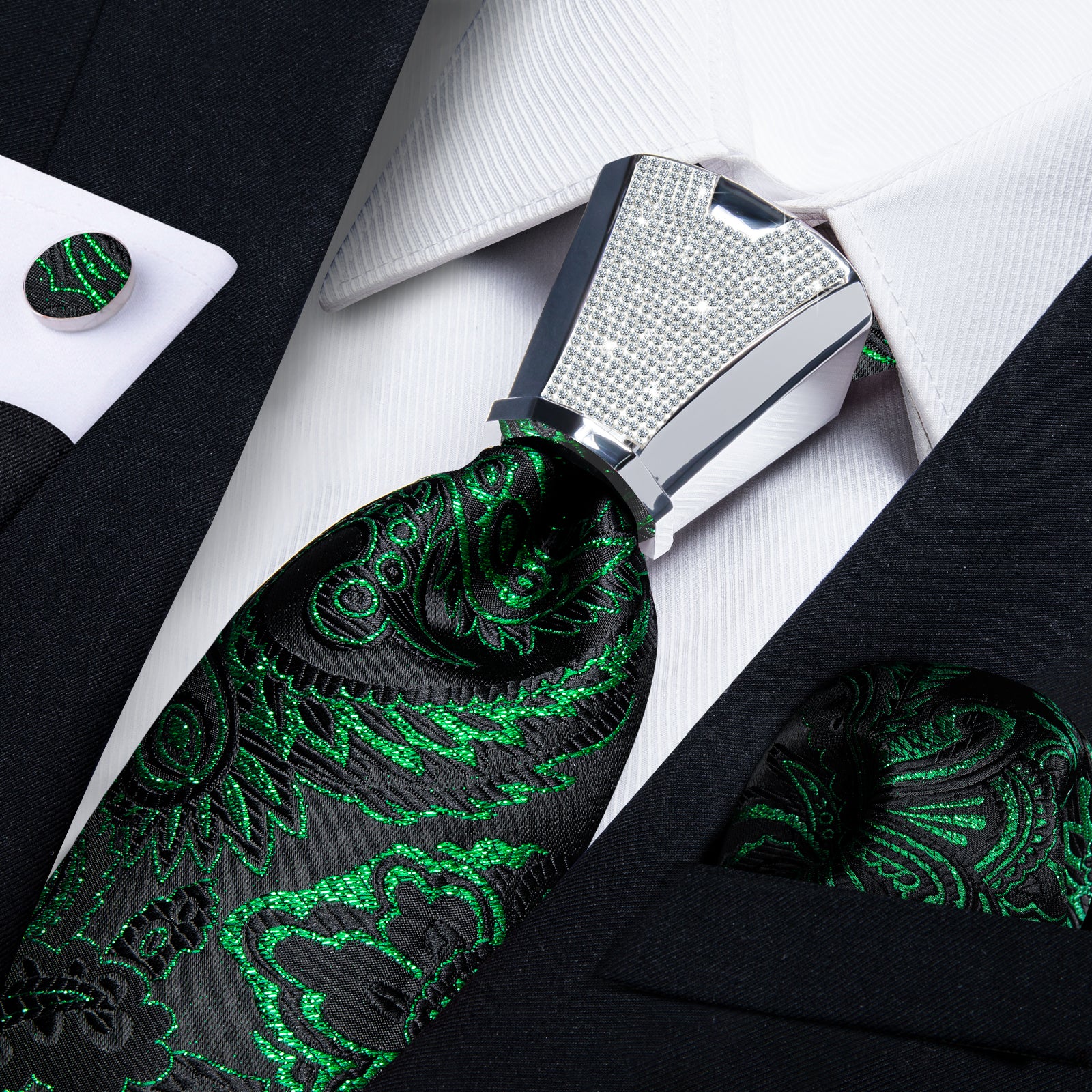black green floral silk mens dress shirt ties pocket square cufflinks set with tie accessory ring set