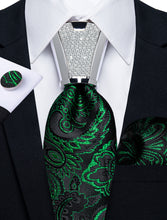 4PC Green Golden Floral Men's Tie Handkerchief Cufflinks Accessory Set