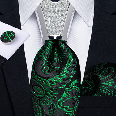 4PC Green Golden Floral Men's Tie Handkerchief Cufflinks Accessory Set