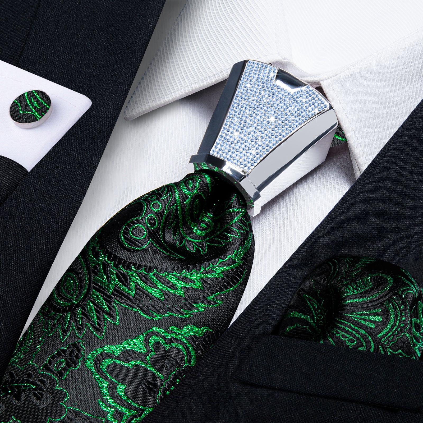 black green floral silk mens dress shirt ties pocket square cufflinks set with tie accessory ring set