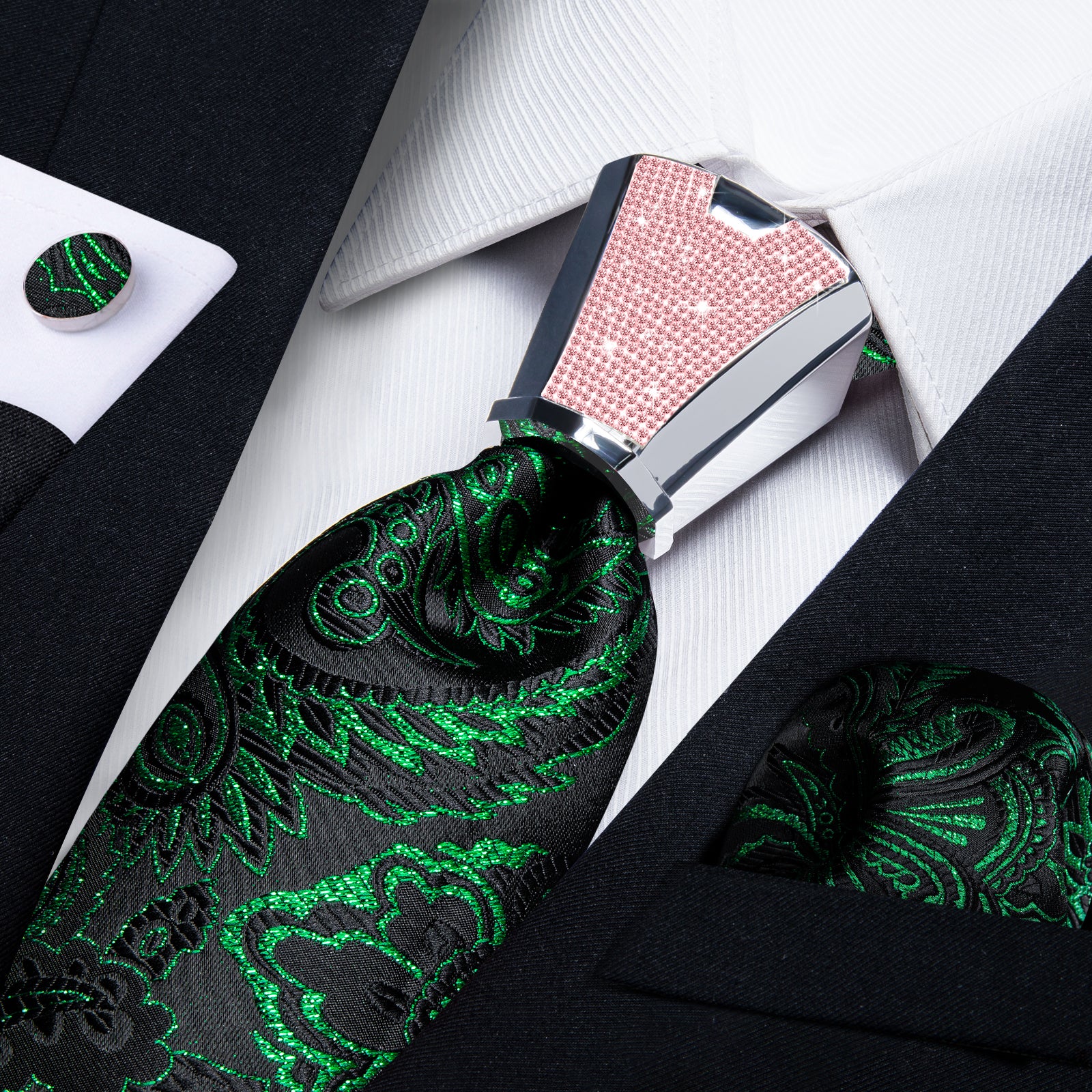 black green floral silk mens dress shirt ties pocket square cufflinks set with tie accessory ring set