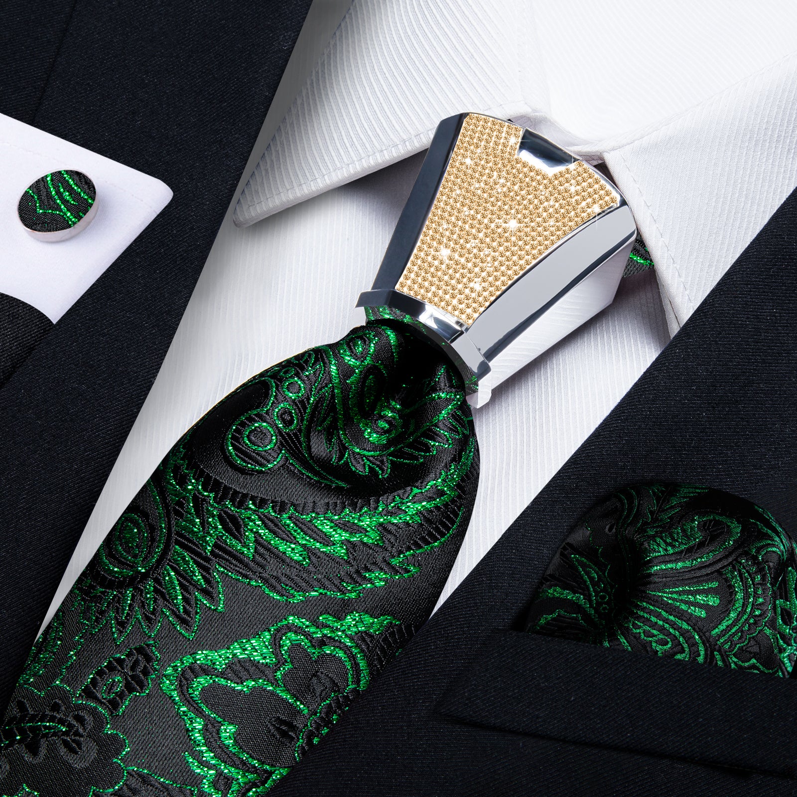 black green floral silk mens dress shirt ties pocket square cufflinks set with tie accessory ring set