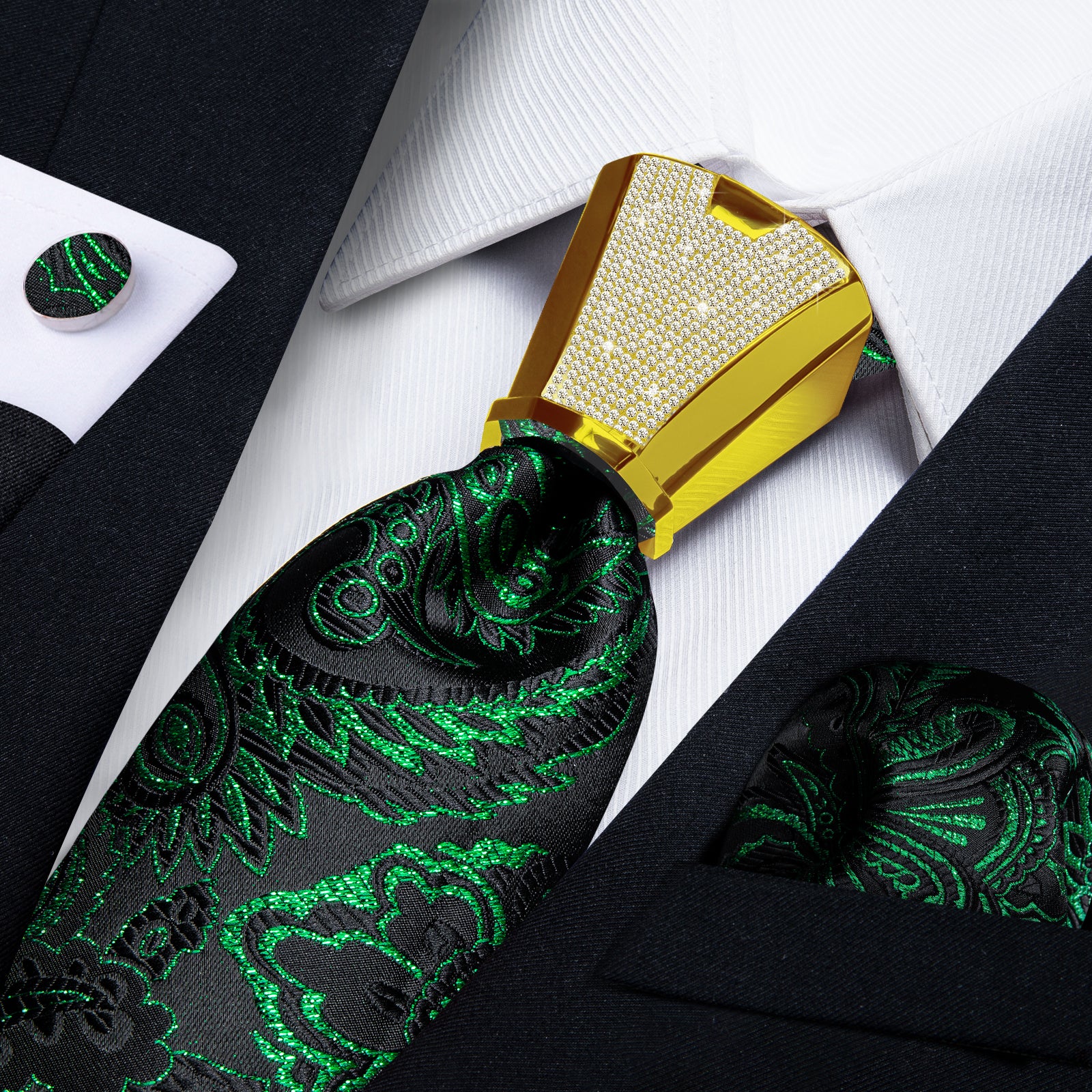black green floral silk mens dress shirt ties pocket square cufflinks set with tie accessory ring set