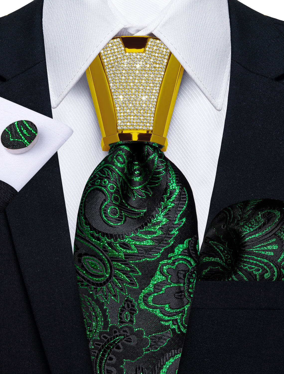 black green floral silk mens dress shirt ties pocket square cufflinks set with tie accessory ring set