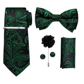 Black Green Floral Bowtie Necktie  Hanky Cufflinks Brooch Clip Set