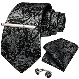 Classy Black Grey Floral Men's Tie Pocket Square Cufflinks Clip Set