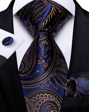 Classy Blue Black Floral Men's Tie Pocket Square Cufflinks Set