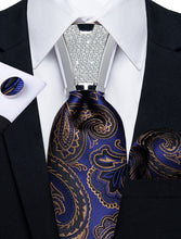 4PCS Blue Black Golden Floral Men's Tie Handkerchief Cufflinks Accessory Set
