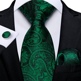 Classy Green Floral Men's Tie Pocket Square Cufflinks Set
