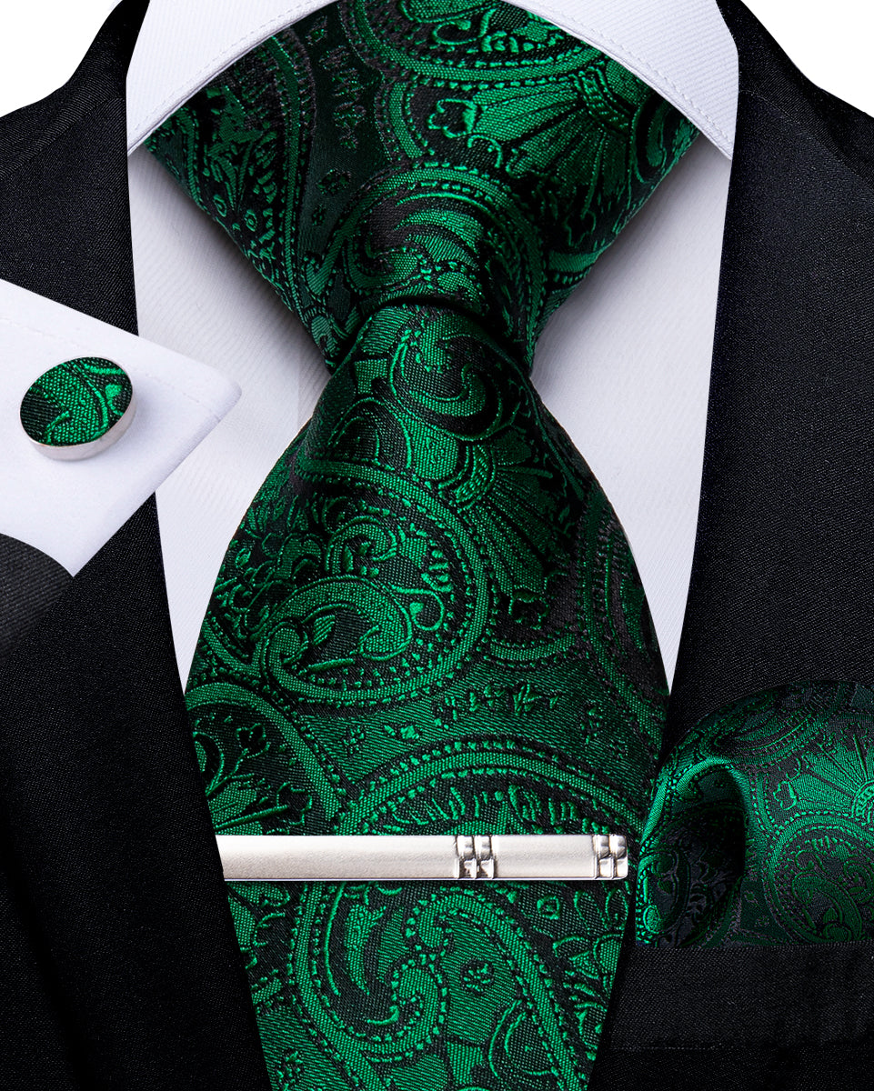 Classy Green Floral Men's Tie Pocket Square Cufflinks Clip Set