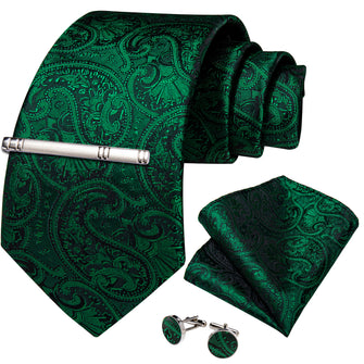 Classy Green Floral Men's Tie Pocket Square Cufflinks Clip Set