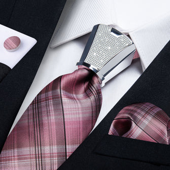 rose pink black striped silk men's necktie pocket square cufflinks set with tie accessory ring set
