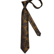 Classy Black Dark Gold Floral Men's Tie Pocket Square Cufflinks Clip Set