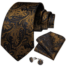 Classy Black Gold Floral Men's Tie Pocket Square Cufflinks Set