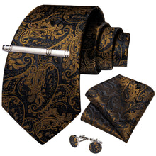 Classy Black Dark Gold Floral Men's Tie Pocket Square Cufflinks Clip Set
