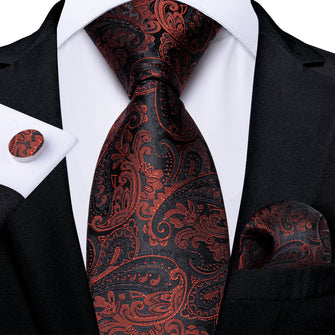 Classy Black Red Floral Men's Tie Pocket Square Cufflinks Set