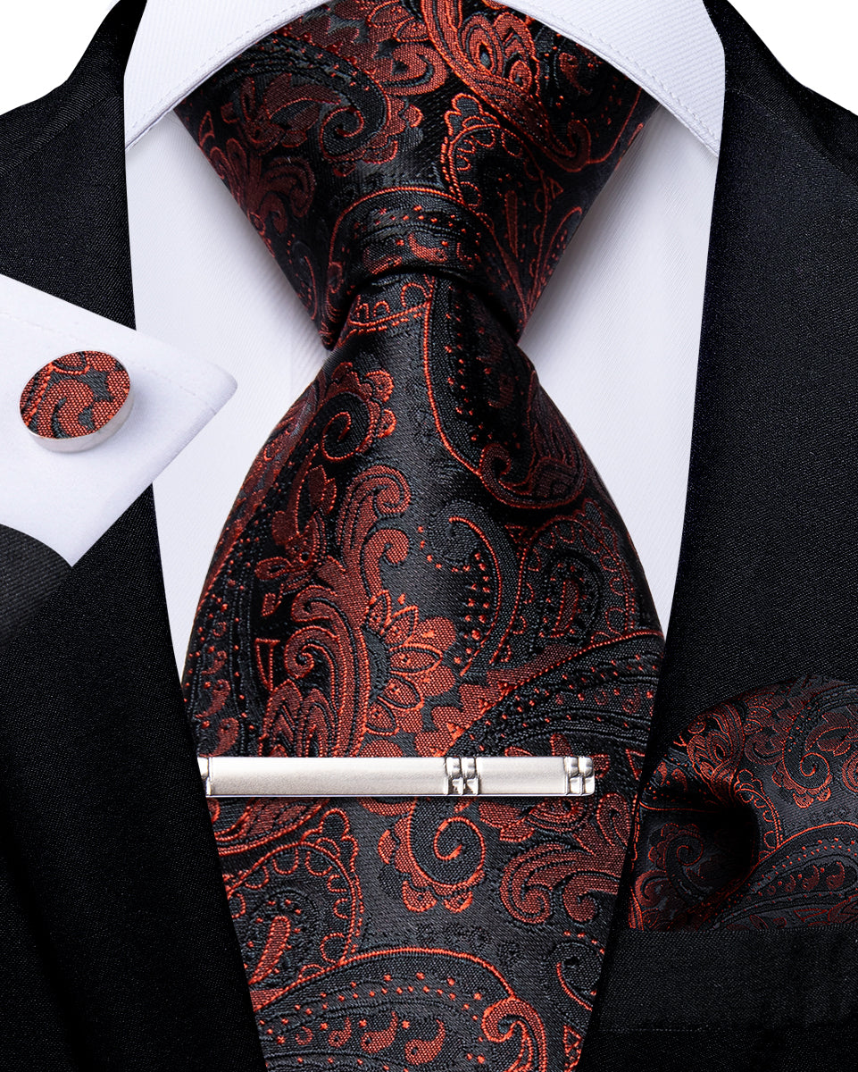 Classy Black Red Floral Men's Tie Pocket Square Cufflinks Clip Set