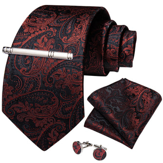 Classy Black Red Floral Men's Tie Pocket Square Cufflinks Clip Set