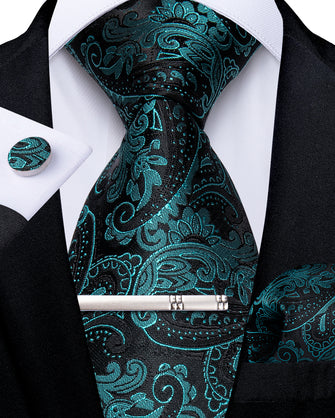 Luxury Black Cyan-Blue Floral Men's Tie Handkerchief Cufflinks Clip Set