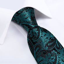 Luxury Black Cyan-Blue Floral Men's Tie Handkerchief Cufflinks Clip Set